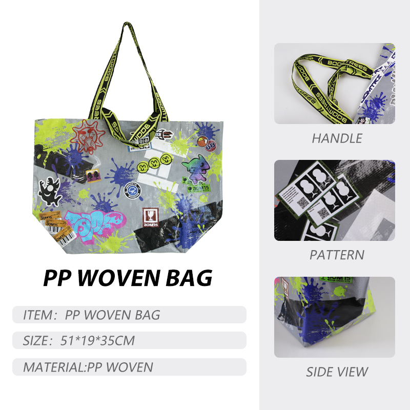 Custom Durable PP  Woven Tote Bag Eco-friendly Folding Outdoor Shopping Bag Zipper Cartoon Handled Bag for Convenient
