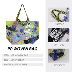 Custom Durable PP  Woven Tote Bag Eco-friendly Folding Outdoor Shopping Bag Zipper Cartoon Handled Bag for Convenient
