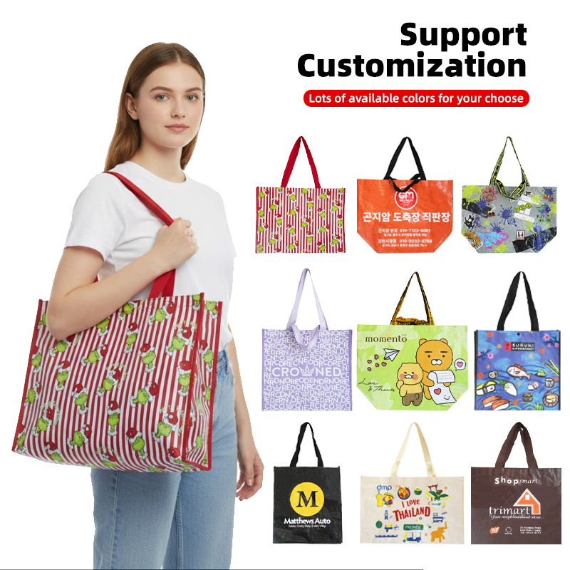 Custom Durable PP  Woven Tote Bag Eco-friendly Folding Outdoor Shopping Bag Zipper Cartoon Handled Bag for Convenient