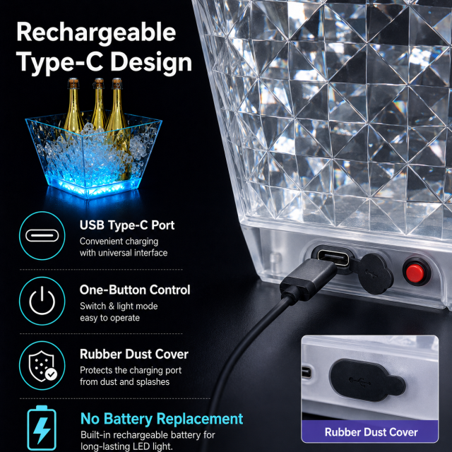 Customized 9L LED Ice Bucket Transparent Rhombic PS Nightclub Bar KTV Champagne Wine Cooler with Logo