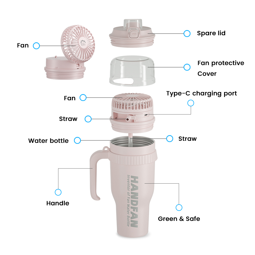 Fan Water Bottle HandFan Stainless Steel Bottle Camping  BPA Free Best Christmas Gift