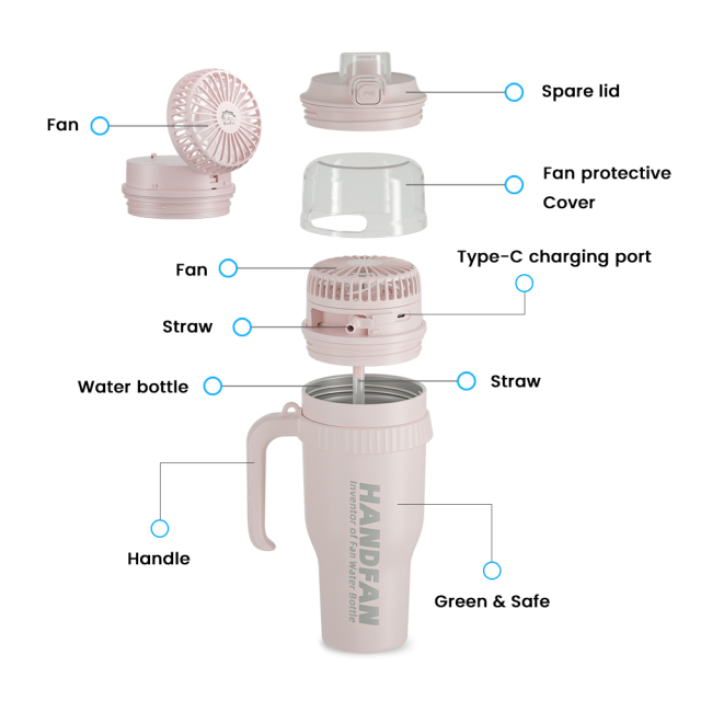 Fan Water Bottle HandFan Stainless Steel Bottle Camping  BPA Free Best Christmas Gift