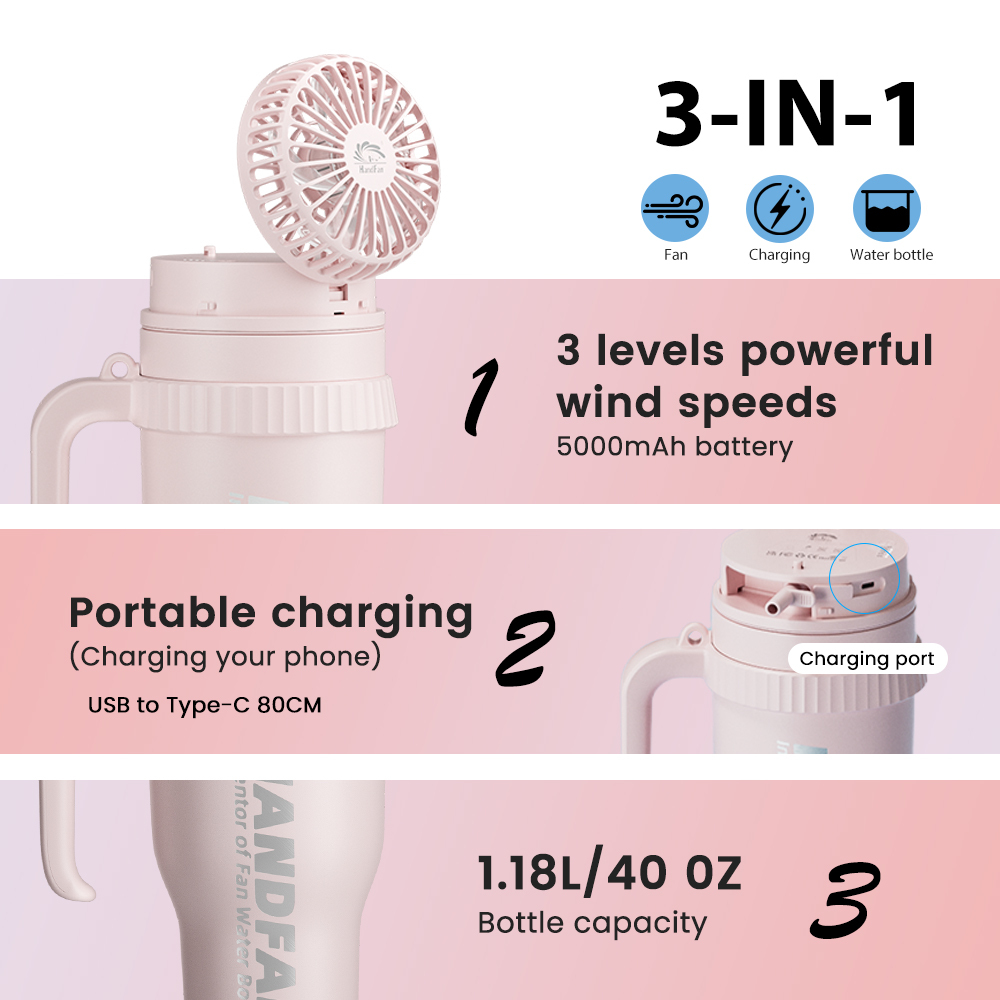 Fan Water Bottle HandFan Stainless Steel Bottle Camping  BPA Free Best Christmas Gift