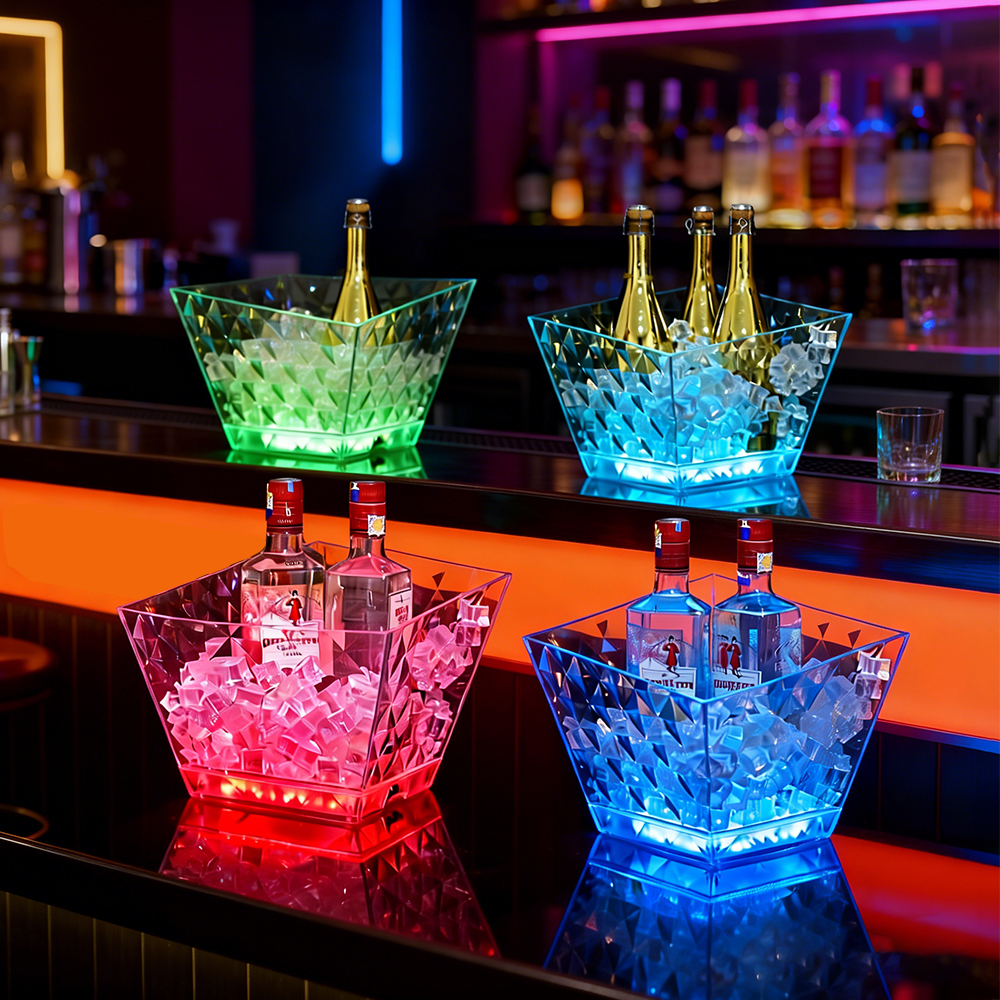 Customized 9L LED Ice Bucket Transparent Rhombic PS Nightclub Bar KTV Champagne Wine Cooler with Logo