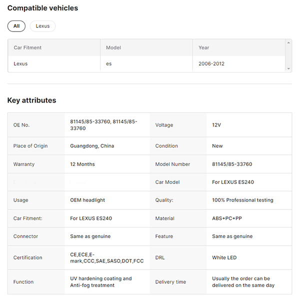 Car Auto Parts for Lexus ES240 Headlight Xenon with Adaptive Function AFS Headlight