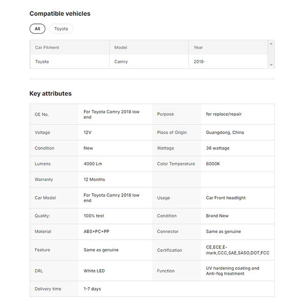 Factory OE Camry Headlight for Toyota Camry 2018 Low End Headlight Standard