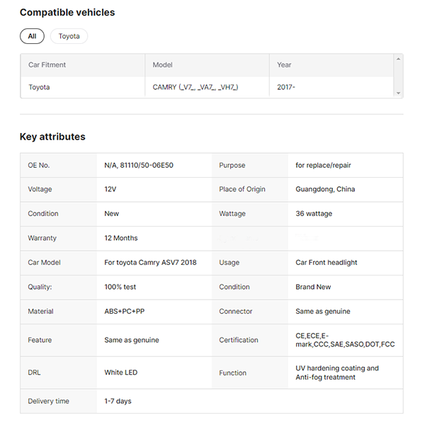 Factory OE Camry Headlight for Toyota Camry ASV7 2018 2019 2020 LED Headlight USA and EU Standard