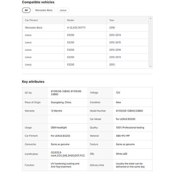 Auto Light for Lexus ES250 Headlight Xenon/ Halogen Type EU/ USA Type 2012 Year -