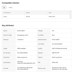 Car Auto Parts for Lexus RX350 Headlight Xenon with Adaptive W/O Xenon Type 2009-2011 Year
