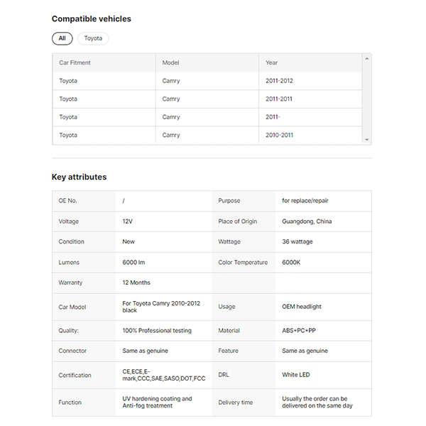 Factory OE Camry Headlight for Toyota Camry 2010-2012 Black Headlight Original Car Headlight to Replace