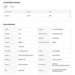 OE Headlight for Toyota Camry Headlight Replacement Headlamp 2018 Year Low Version