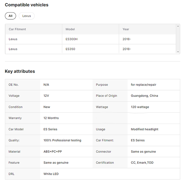 Original ES200 2018 HID Headlight for ES 2018 ES200 ES250 ES300h ES350 Single Lens Style