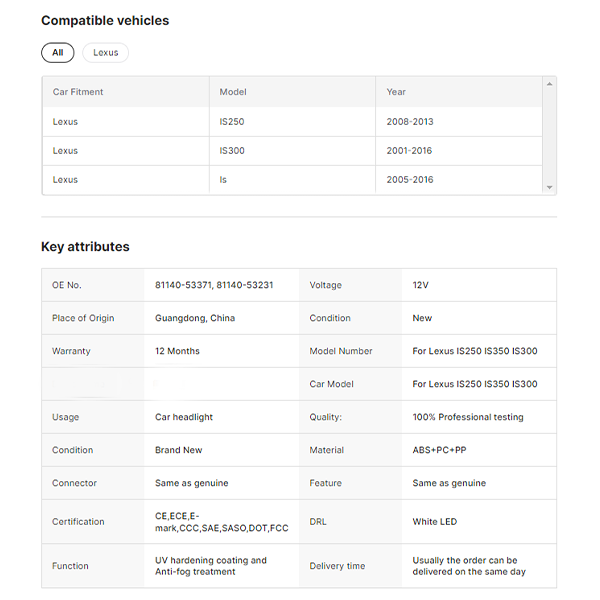 Car Lamp Headlight Led Headlamp Xenon HID Light for Lexus IS250 IS350 IS300 2006-2011 OE 81140-53371 81140-53231
