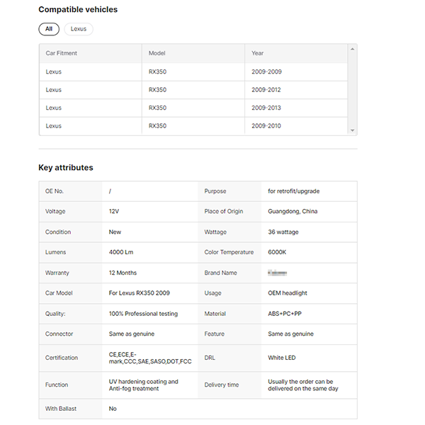 Factory OE RX350 Headlight for Lexus RX350 2009 Upgrade Version Headlight Original Car Headlight to Replace