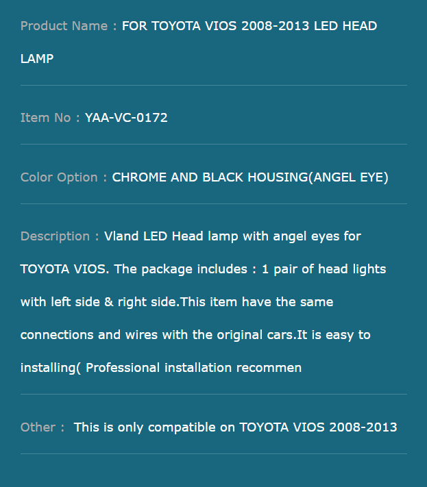 FOR TOYOTA VIOS 2008-2013 LED HEAD LAMP