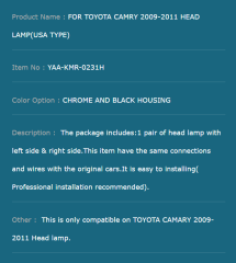 FOR TOYOTA CAMRY 2009-2011 HEAD LAMP(USA TYPE)