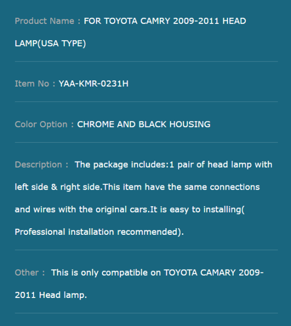 FOR TOYOTA CAMRY 2009-2011 HEAD LAMP(USA TYPE)