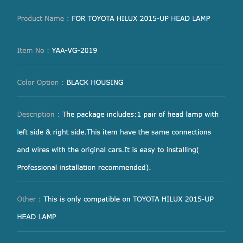 FOR TOYOTA HILUX 2015-UP HEAD LAMP