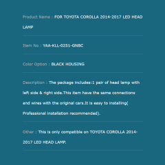 FOR TOYOTA COROLLA 2014-2017 LED HEAD LAMP