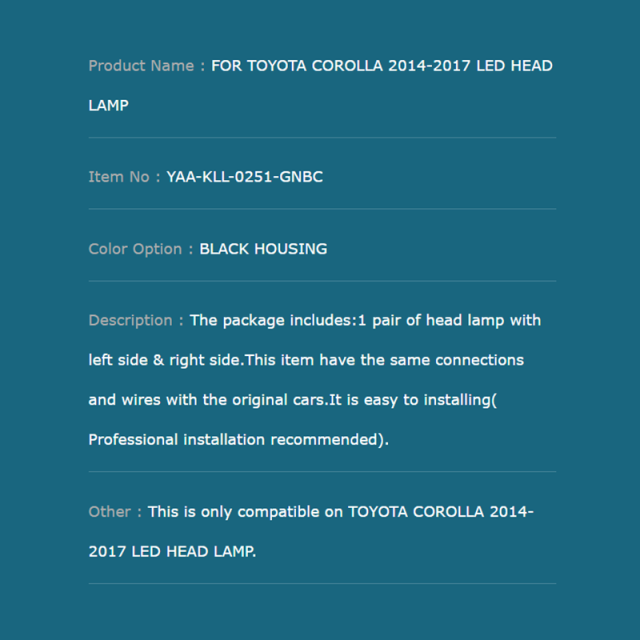 FOR TOYOTA COROLLA 2014-2017 LED HEAD LAMP