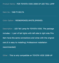 FOR TOYOTA VIOS 2008-UP LED TAIL