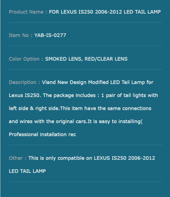 FOR LEXUS IS250 2006-2012 LED TAIL LAMP
