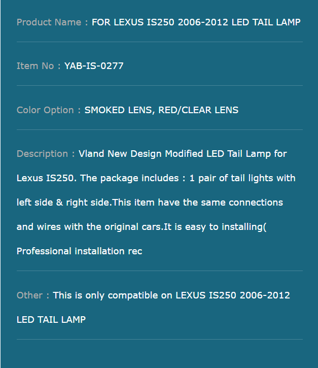 FOR LEXUS IS250 2006-2012 LED TAIL LAMP
