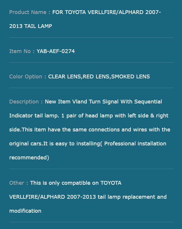 FOR TOYOTA VERLLFIRE/ALPHARD 2007-2013 TAIL LAMP