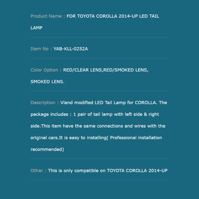  FOR TOYOTA COROLLA 2014-UP LED TAIL LAMP