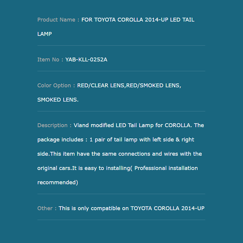  FOR TOYOTA COROLLA 2014-UP LED TAIL LAMP