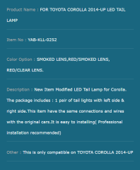 FOR TOYOTA COROLLA 2014-UP LED TAIL LAMP