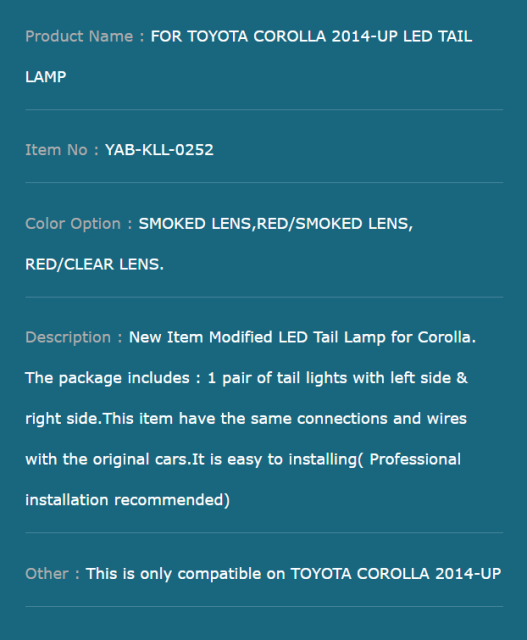 FOR TOYOTA COROLLA 2014-UP LED TAIL LAMP