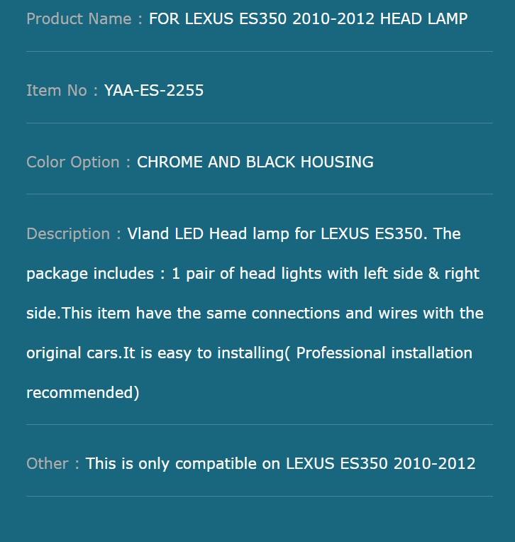 FOR LEXUS ES350 2010-2012 HEAD LAMP