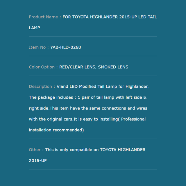 FOR TOYOTA HIGHLANDER 2015-UP LED TAIL LAMP