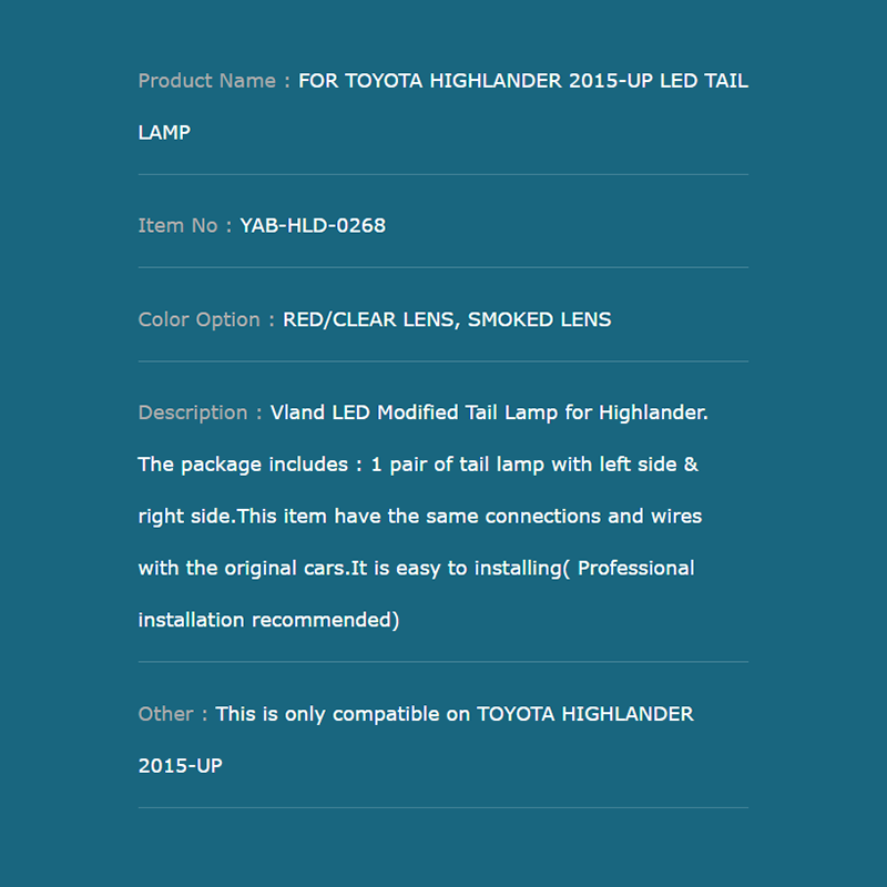 FOR TOYOTA HIGHLANDER 2015-UP LED TAIL LAMP