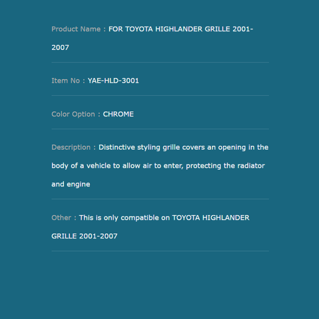 FOR TOYOTA HIGHLANDER GRILLE 2001-2007