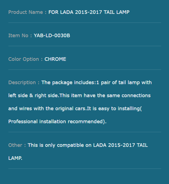FOR LADA 2015-2017 TAIL LAMP