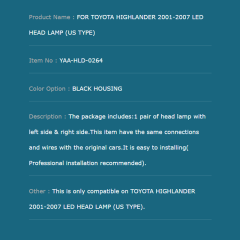 FOR TOYOTA HIGHLANDER 2001-2007 LED HEAD LAMP (US TYPE)