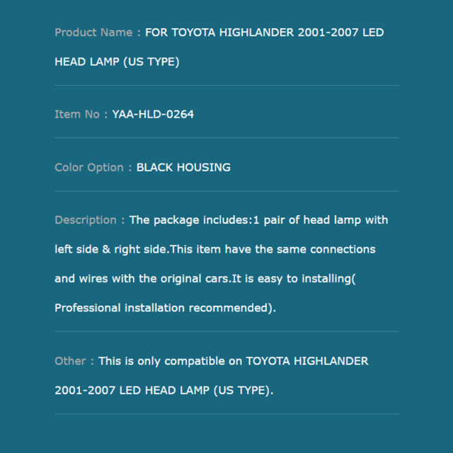 FOR TOYOTA HIGHLANDER 2001-2007 LED HEAD LAMP (US TYPE)