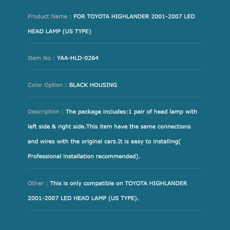 FOR TOYOTA HIGHLANDER 2001-2007 LED HEAD LAMP (US TYPE)