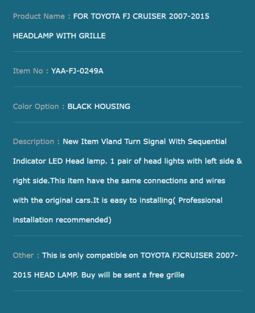 FOR TOYOTA FJ CRUISER 2007-2015 HEADLAMP WITH GRILLE