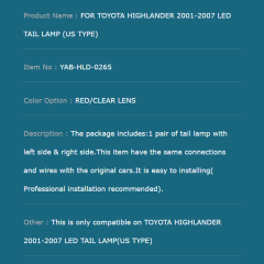 FOR TOYOTA HIGHLANDER 2001-2007 LED TAIL LAMP (US TYPE)