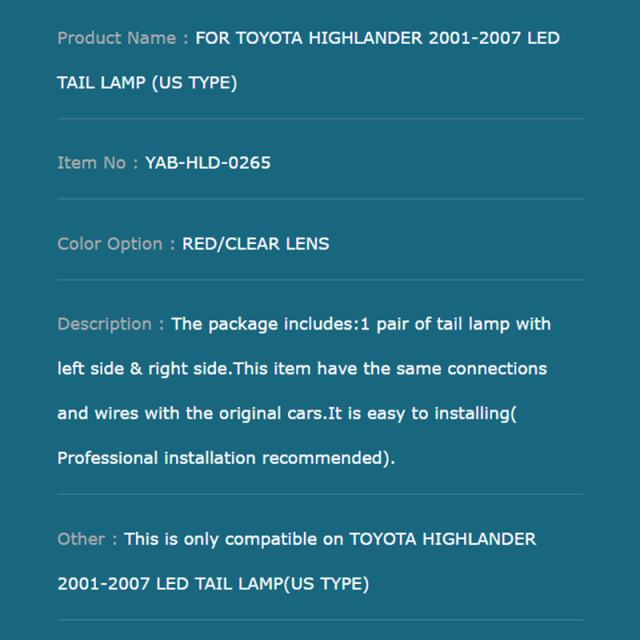 FOR TOYOTA HIGHLANDER 2001-2007 LED TAIL LAMP (US TYPE)