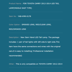 FOR TOYOTA CAMRY 2012-2014 LED TAIL LAMP(MIDDLE EAST TYPE)