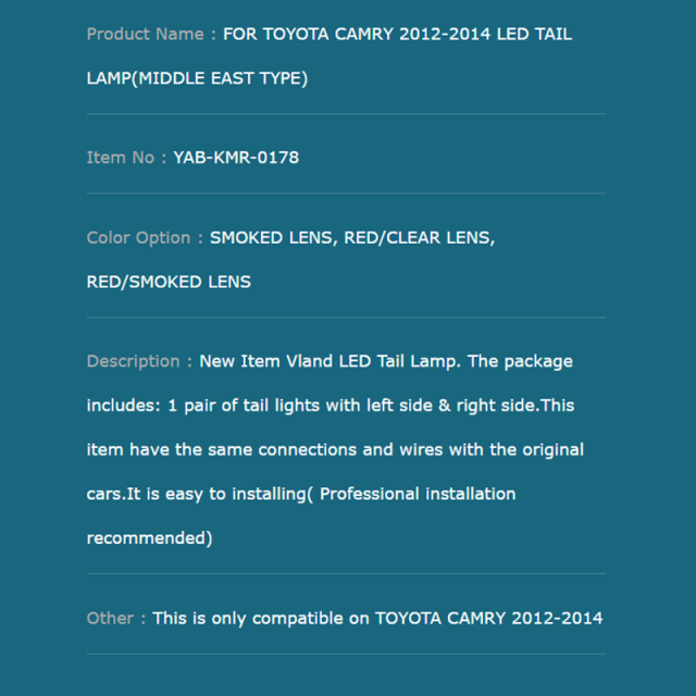 FOR TOYOTA CAMRY 2012-2014 LED TAIL LAMP(MIDDLE EAST TYPE)