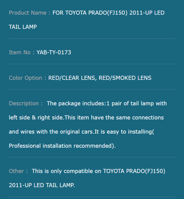 FOR TOYOTA PRADO(FJ150) 2011-UP LED TAIL LAMP