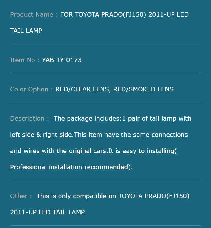 FOR TOYOTA PRADO(FJ150) 2011-UP LED TAIL LAMP