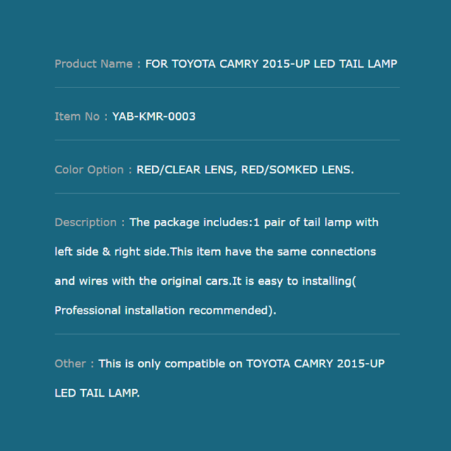 FOR TOYOTA CAMRY 2015-UP LED TAIL LAMP