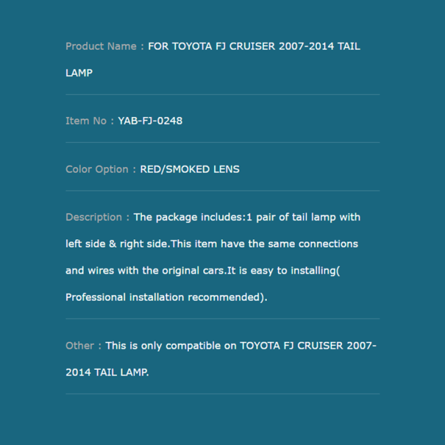 FOR TOYOTA FJ CRUISER 2007-2014 TAIL LAMP