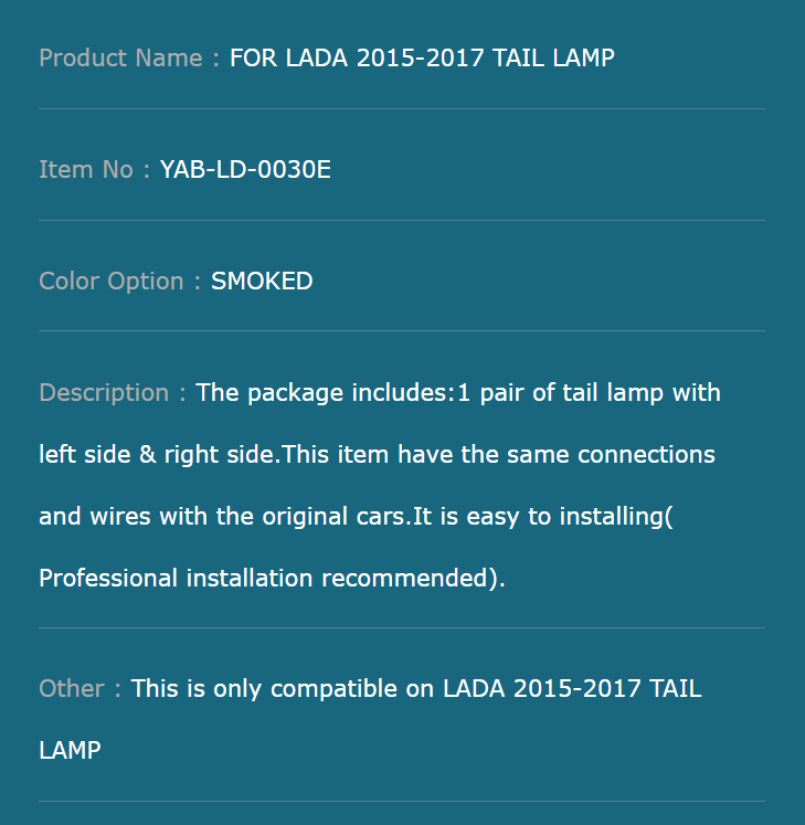 FOR LADA 2015-2017 TAIL LAMP